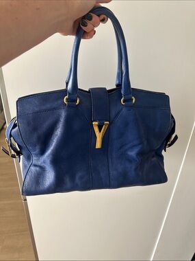 Yves Saint Laurent Navy Leather Satchel with Gold Y Hardware